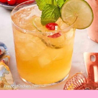 Pinterest graphic showing a mai tai drink with fresh garnishes in a rocks glass.