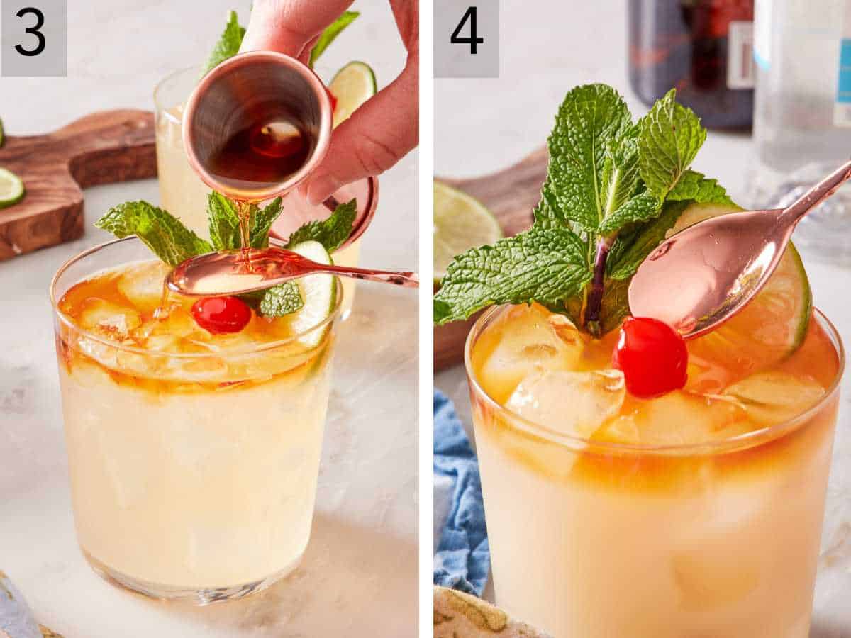 Set of two images showing dark rum poured over the back of a spoon for a rum float, and the drink garnished with mint, lime, and a Maraschino cherry.