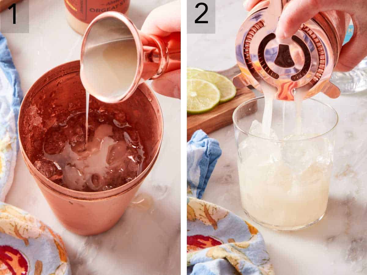 Set of two images showing cocktail ingredients added to a cocktail shaker filled halfway with ice, shaken, and strained into an ice-filled rocks glass.