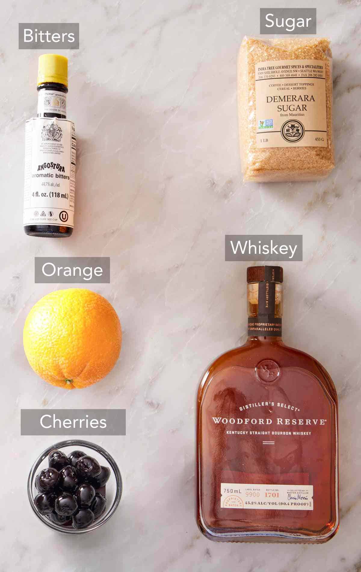 Ingredients for an old fashioned cocktail.