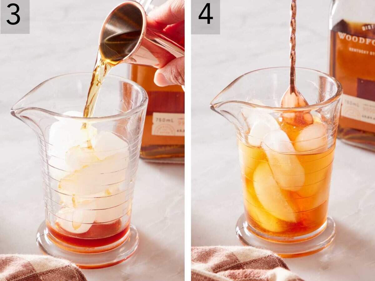 Set of two images showing bourbon and ice added, and stirred well to chill the drink.