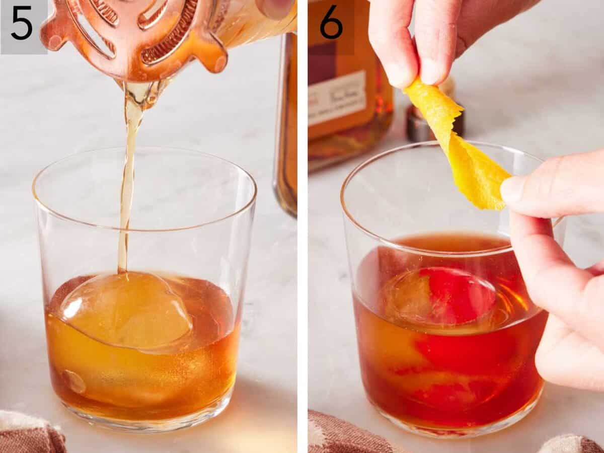 Set of two images showing the cocktail strained into a rocks glass containing a large ice cube, then garnished with a lemon zest.