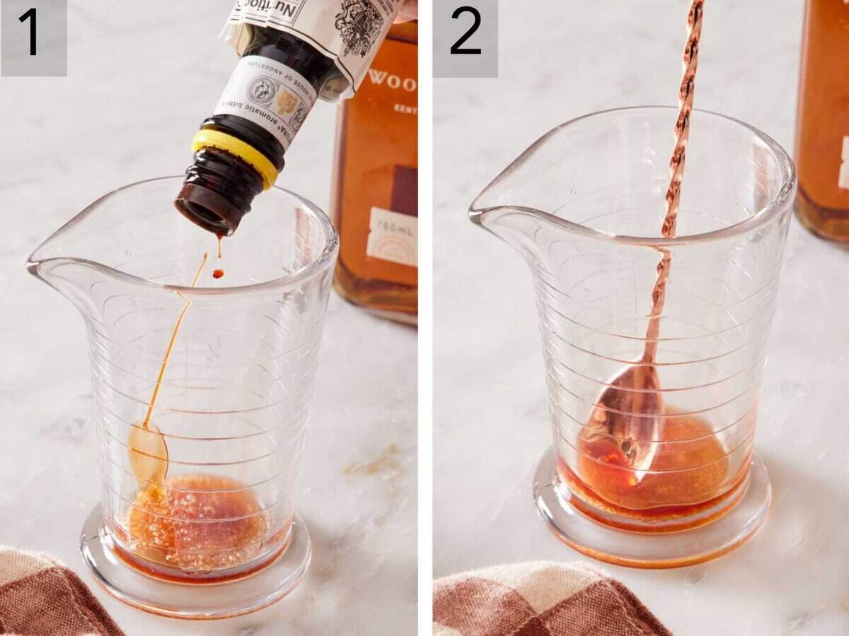 Set of two images showing bitters added to a mixing glass already containing sugar, and stirred to dissolve the sugar.