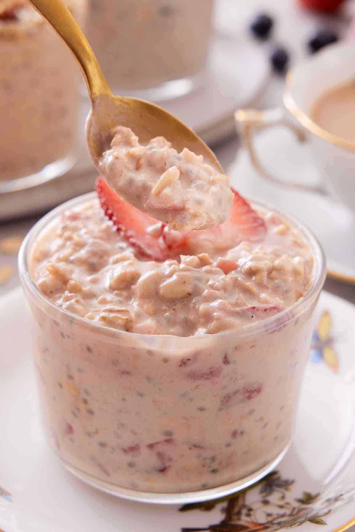 Overnight oats with sliced strawberries.