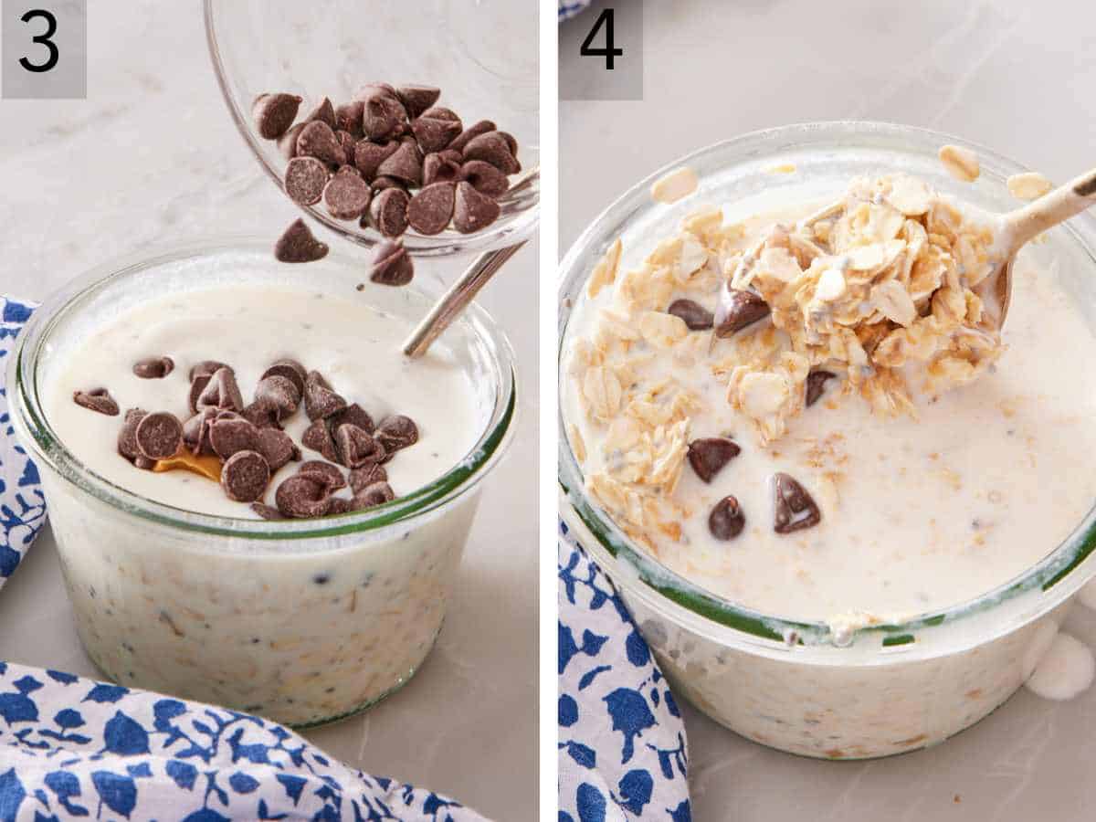 Set of two images showing optional mix-ins (in this case chocolate chips and peanut butter) added and stirred together.