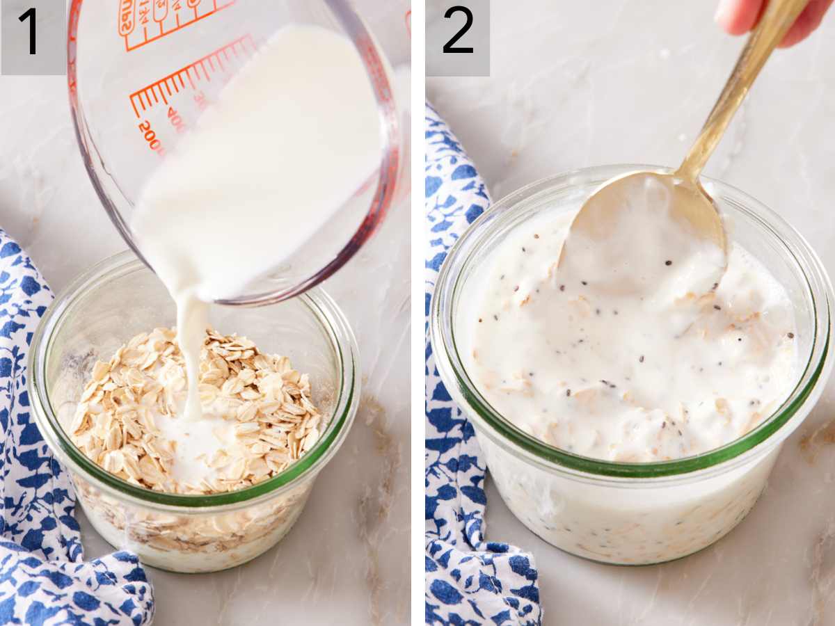 Set of two images showing basic overnight oats ingredients added to a jar and stirred together.