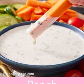 Pinterest graphic showing a sliced carrot dipped into ranch dressing.