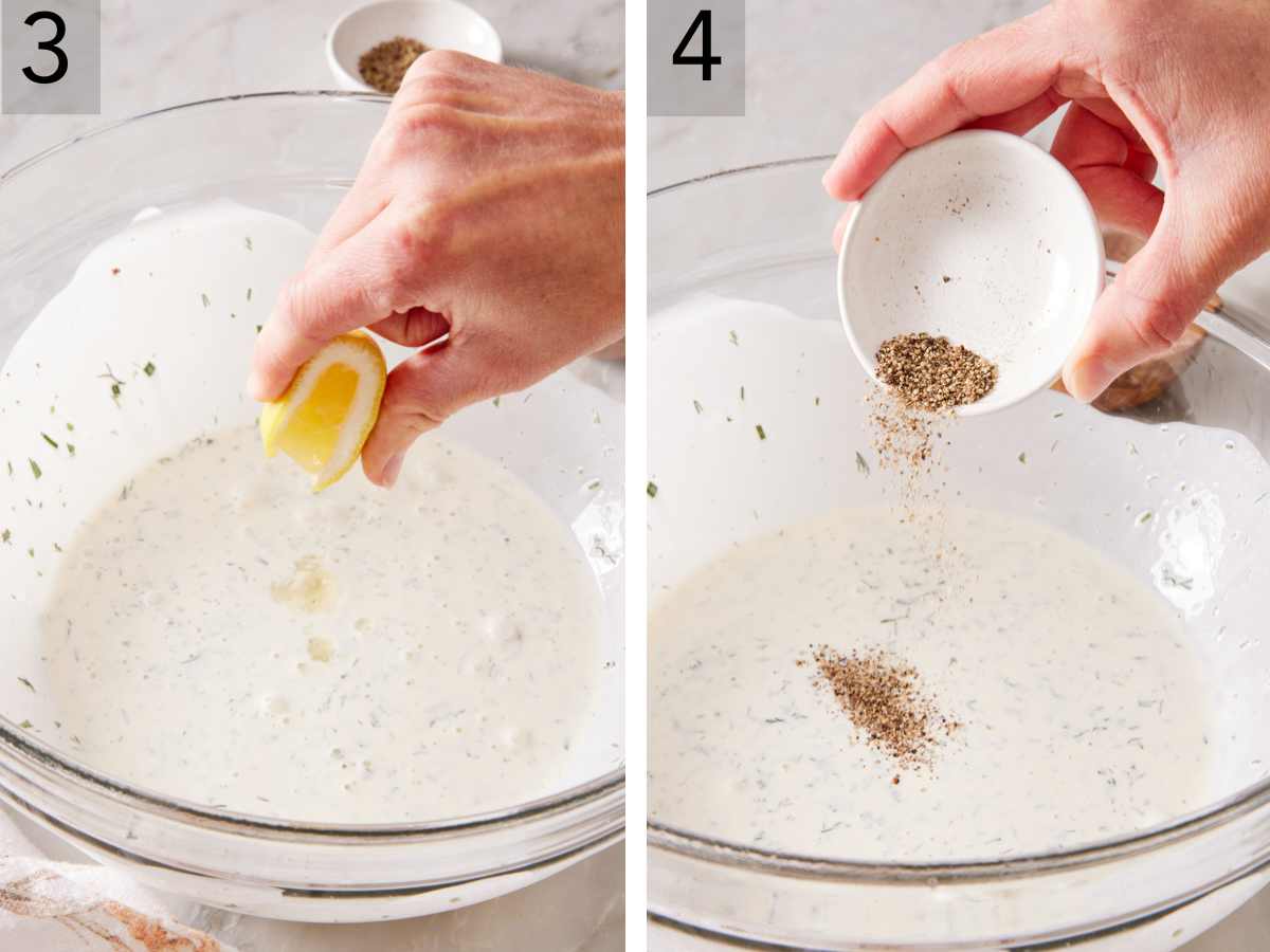 Set of two images showing more lemon and black pepper added to taste.