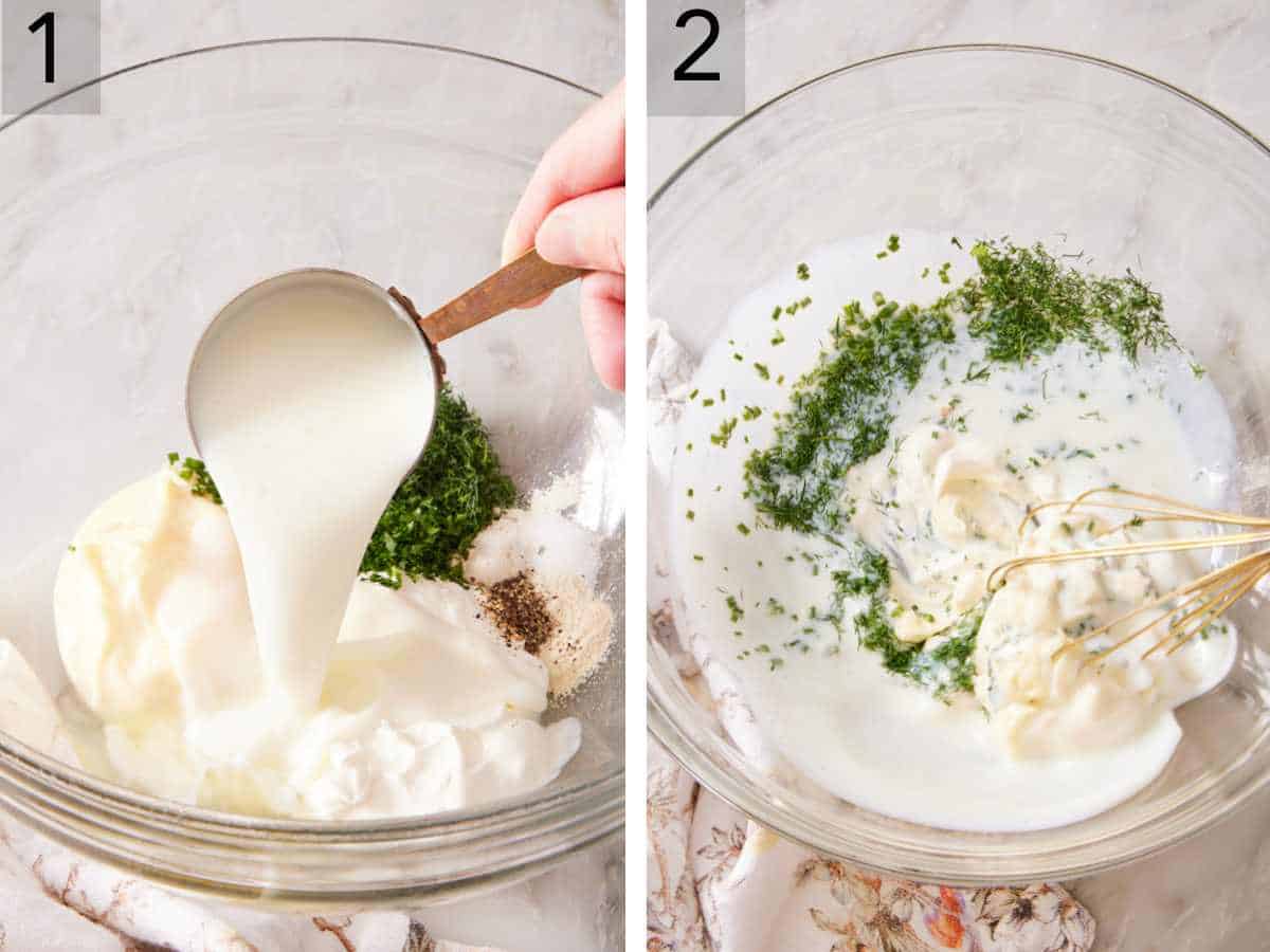 Set of two images showing ranch dressing ingredients added to a bowl and whisked together.
