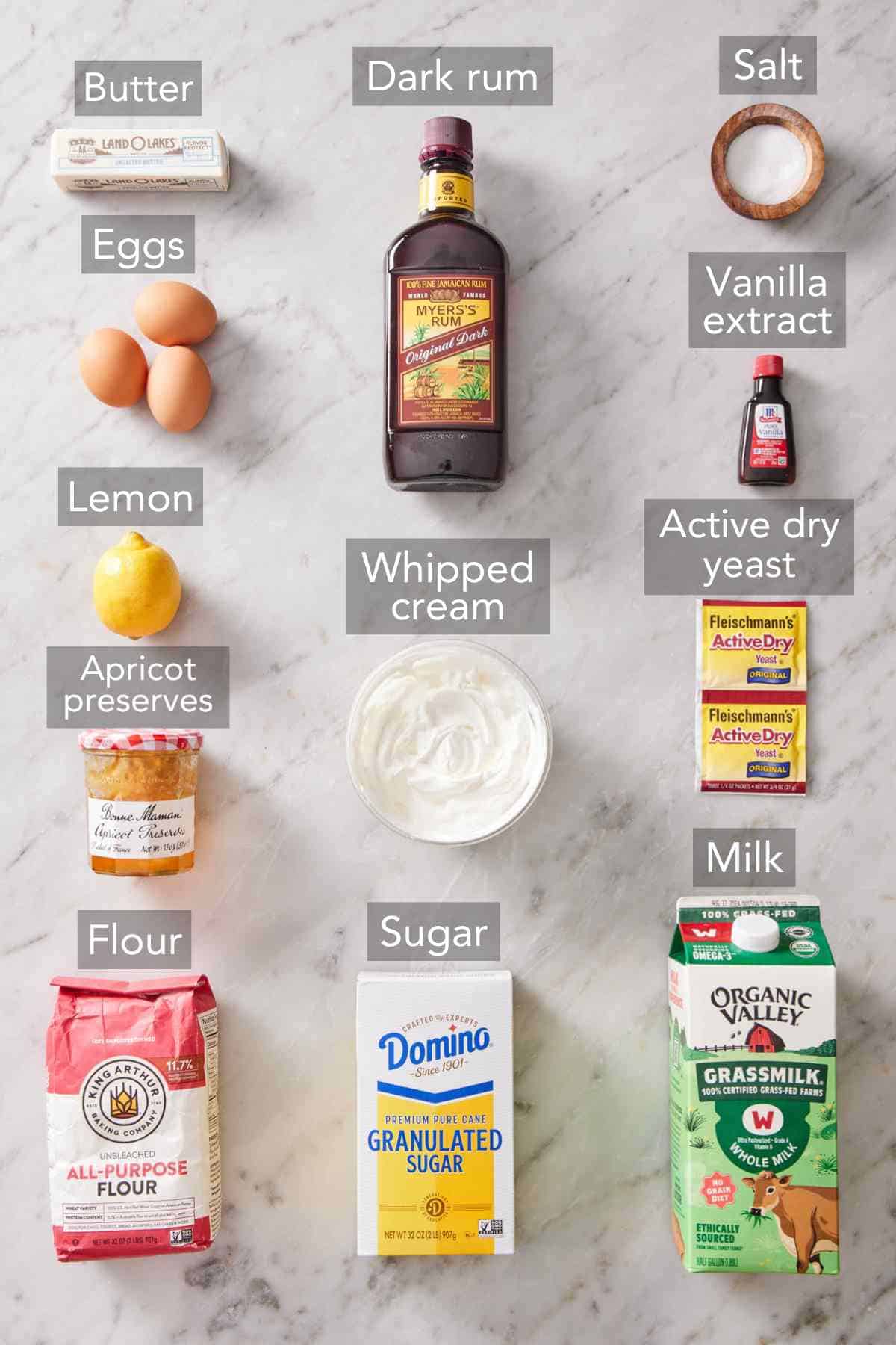 Ingredients for rum baba recipe.