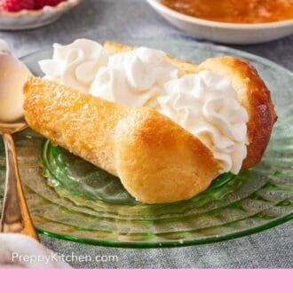Pinterest graphic showing a rum baba halved and filled with Chantilly cream.