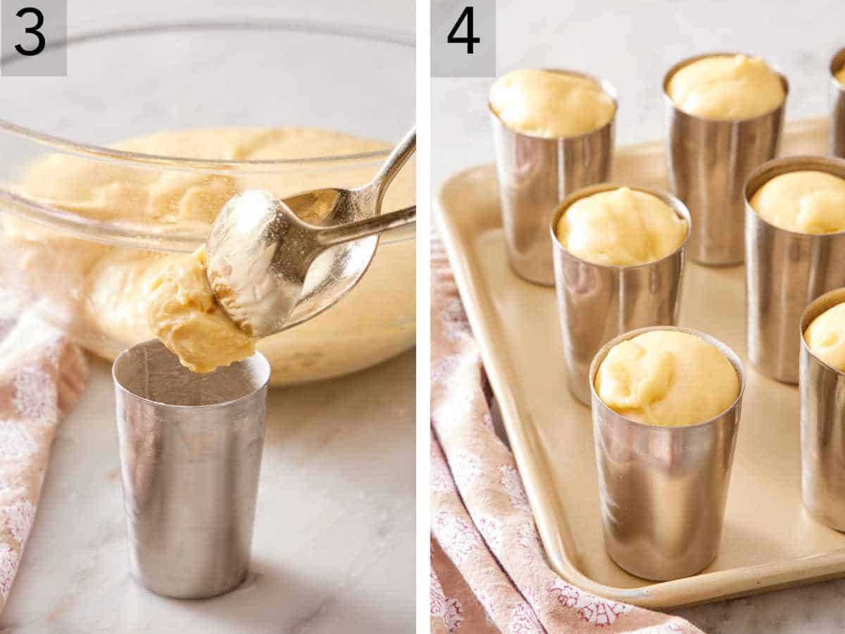 Set of two images showing dough spooned into mold and several filled molds on a sheet tray.