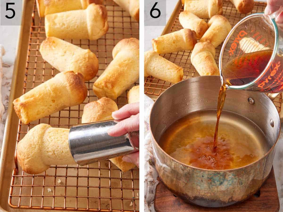 Set of two images showing rum babas unmolded onto a wire rack, and rum syrup made in a saucepan.