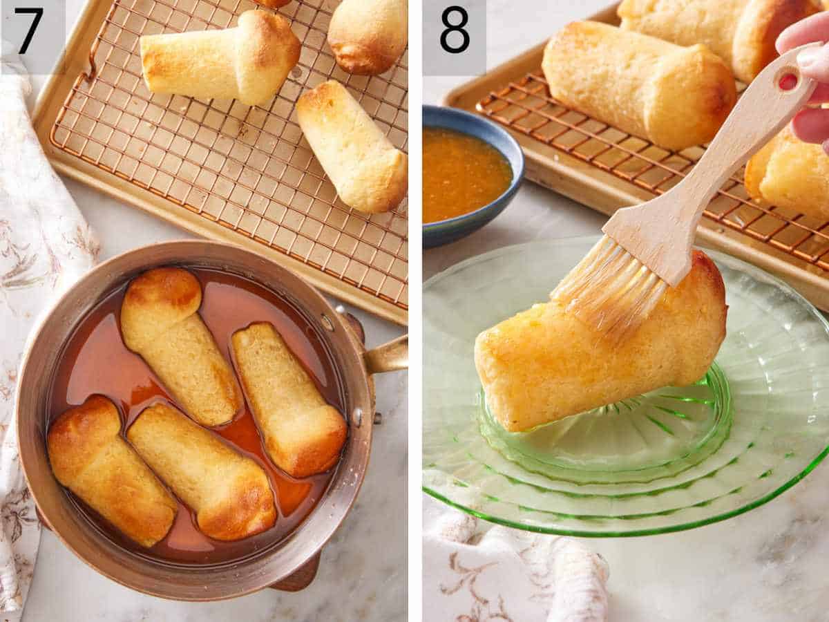 Set of two images showing rum babas soaked in rum syrup, and each rum baba glazed with apricot preserves.