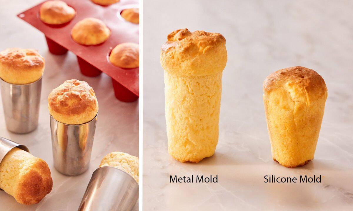 Set of two images showing rum babas made in silicone and metal molds, and the shape and height difference between them.