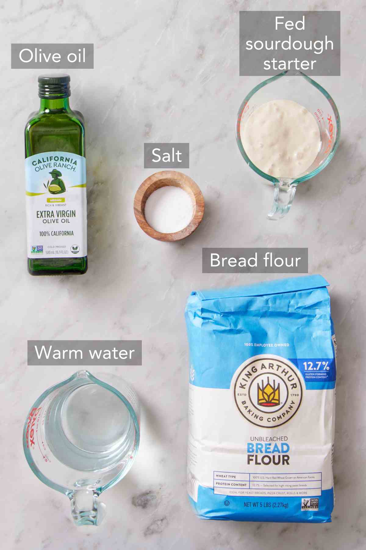 Ingredients for sourdough pizza crust recipe.
