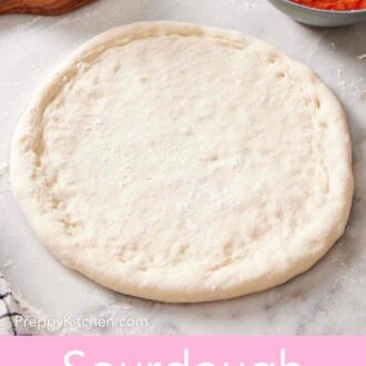 Pinterest graphic showing a rolled out sourdough pizza dough ready for toppings.