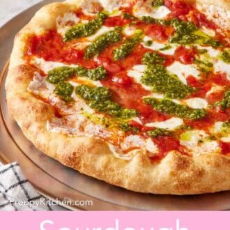 Pinterest graphic showing a pizza with homemade pesto on top.