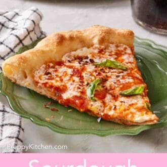 Pinterest graphic showing a slice of pizza with fresh basil leaves sprinkled on top.
