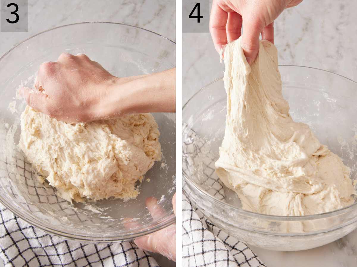 Set of two images showing dough kneaded, then stretched and folded.