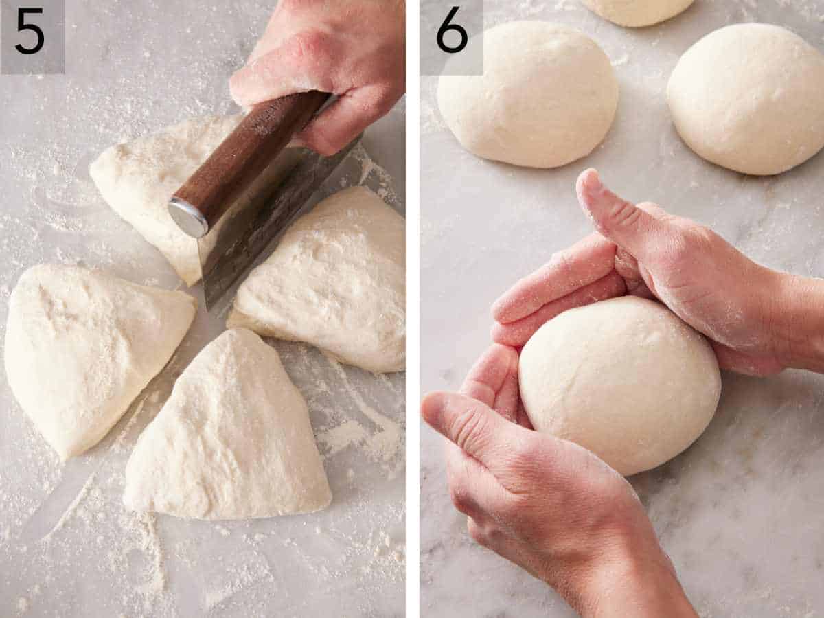 Set of two images showing dough cut into four pieces and each piece rolled into a tight ball.