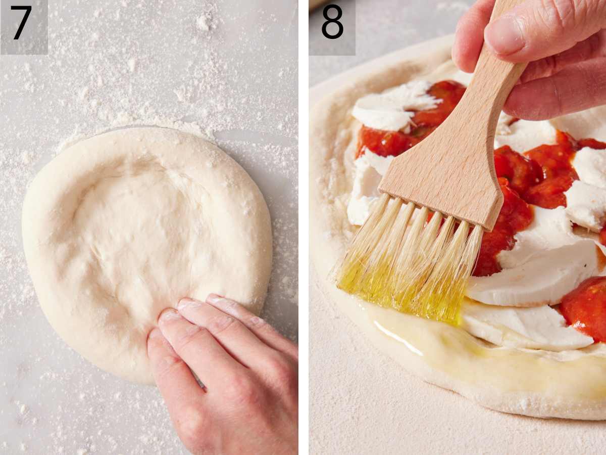 Set of two images showing sourdough pizza dough made into a circle, then stretched further, topped with toppings, and brushed with oil.