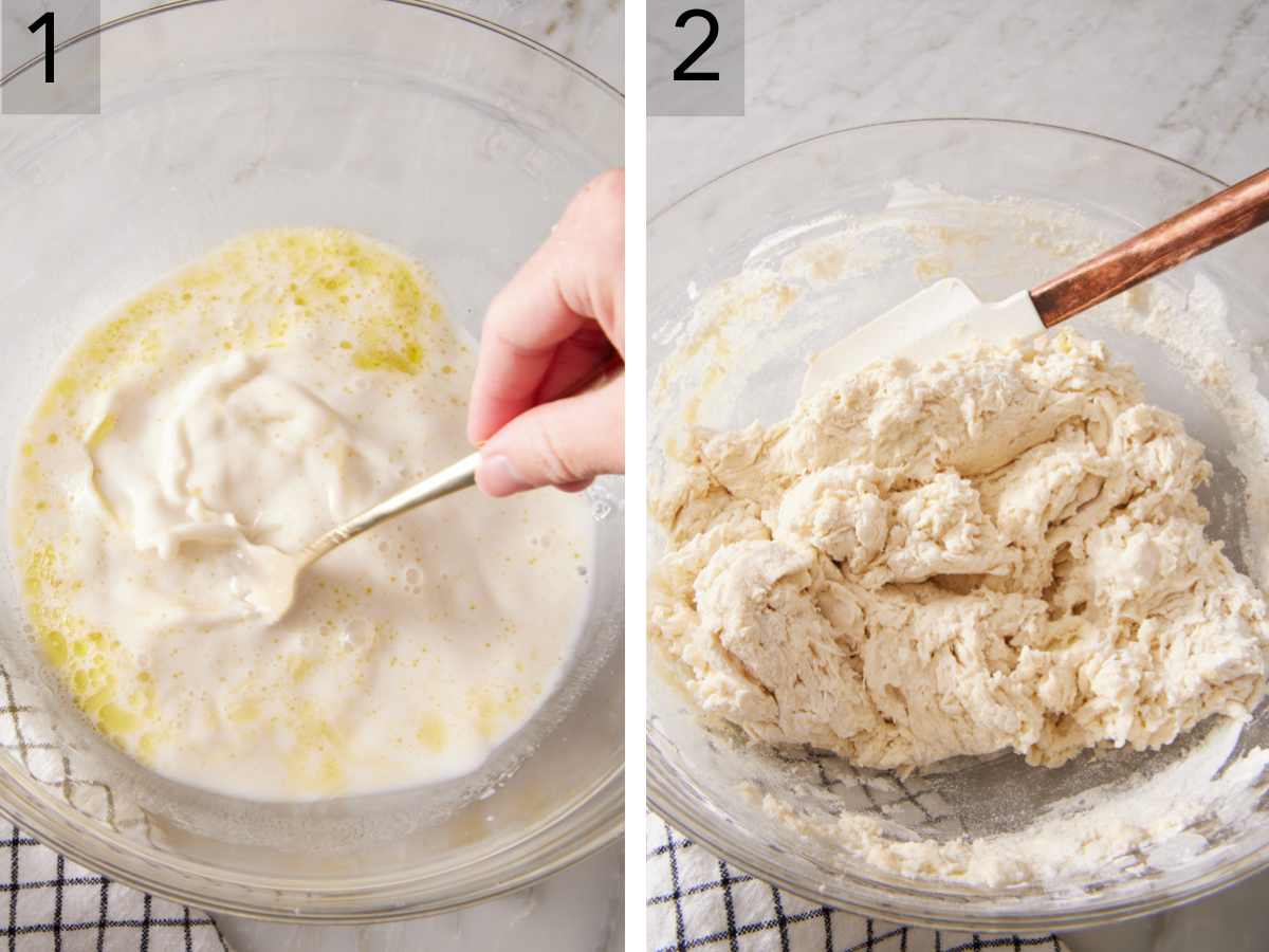 Set of two images showing sourdough starter, oil, and water mixed together with a fork in a bowl, and dry ingredients added to form a dough.