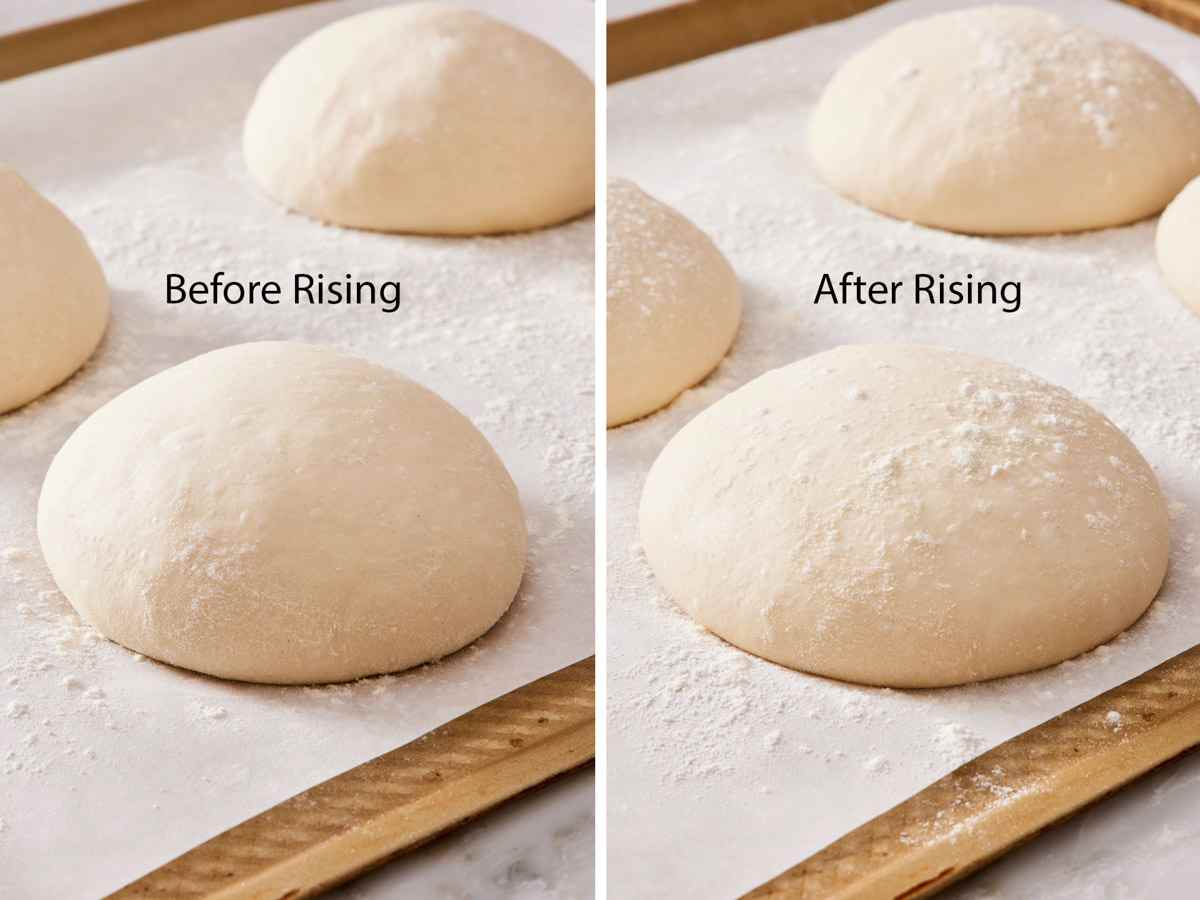 Set of two images showing a dough comparison before and after rising.