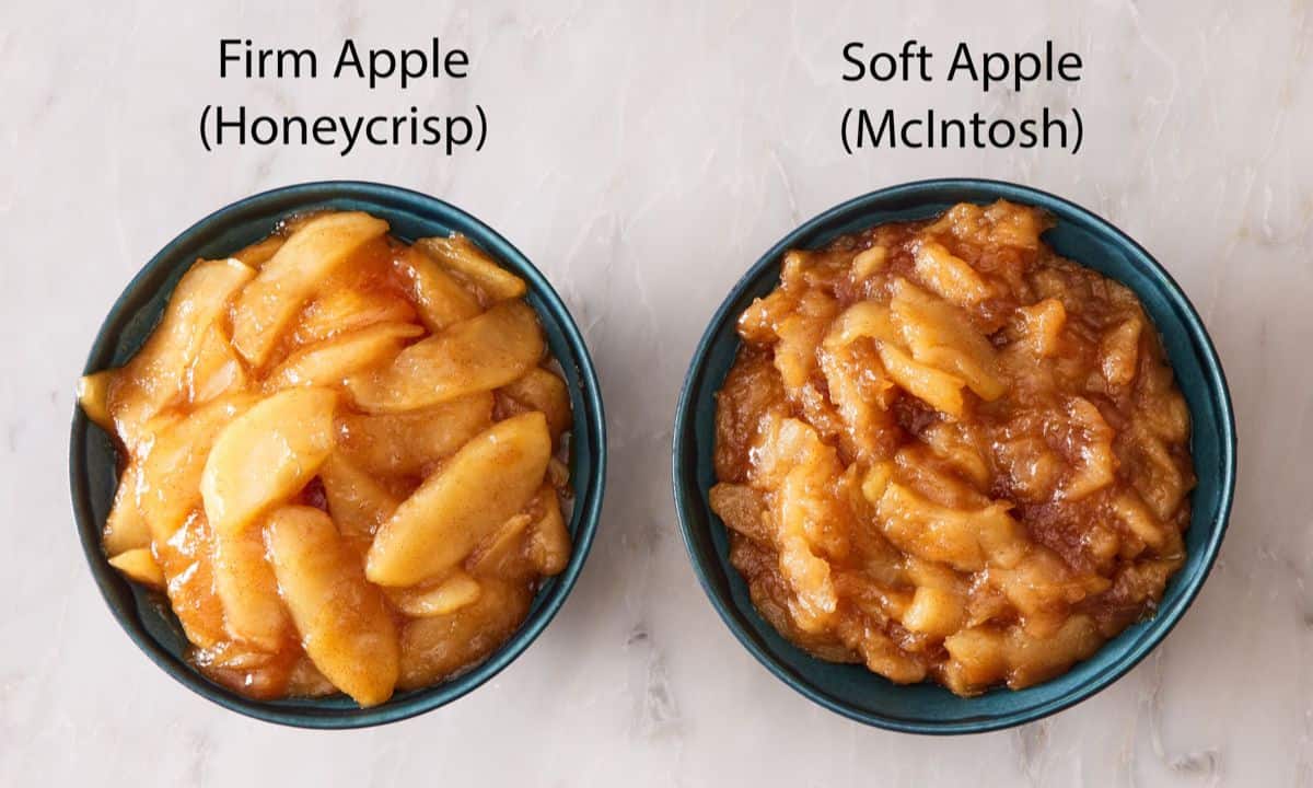Two bowls showing apple pie filling made with firm apples like honeycrisp apples versus soft apples like McIntosh apples.