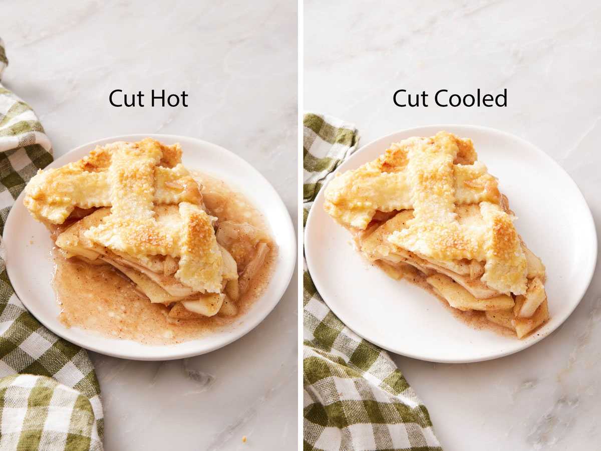 Set of two images showing one slice of apple pie cut while hot, and another cut after the pie has cooled.