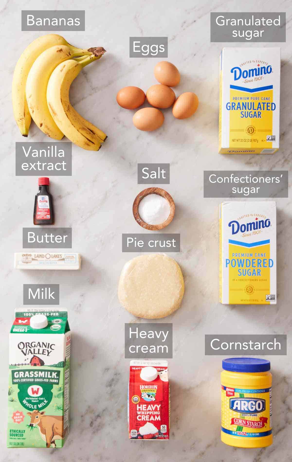 Ingredients for banana cream pie recipe.