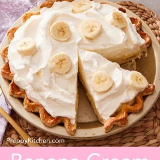 Pinterest graphic of a banana cream pie with two slices cut out, with one still in the pie plate and the almost off screen in the background.