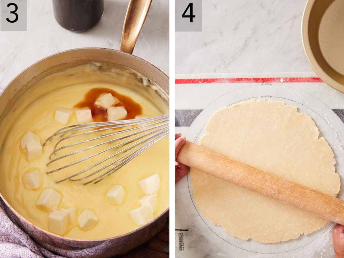 Set of two images showing cubed butter and vanilla extract added to vanilla pudding, and pie dough rolled into a circle.