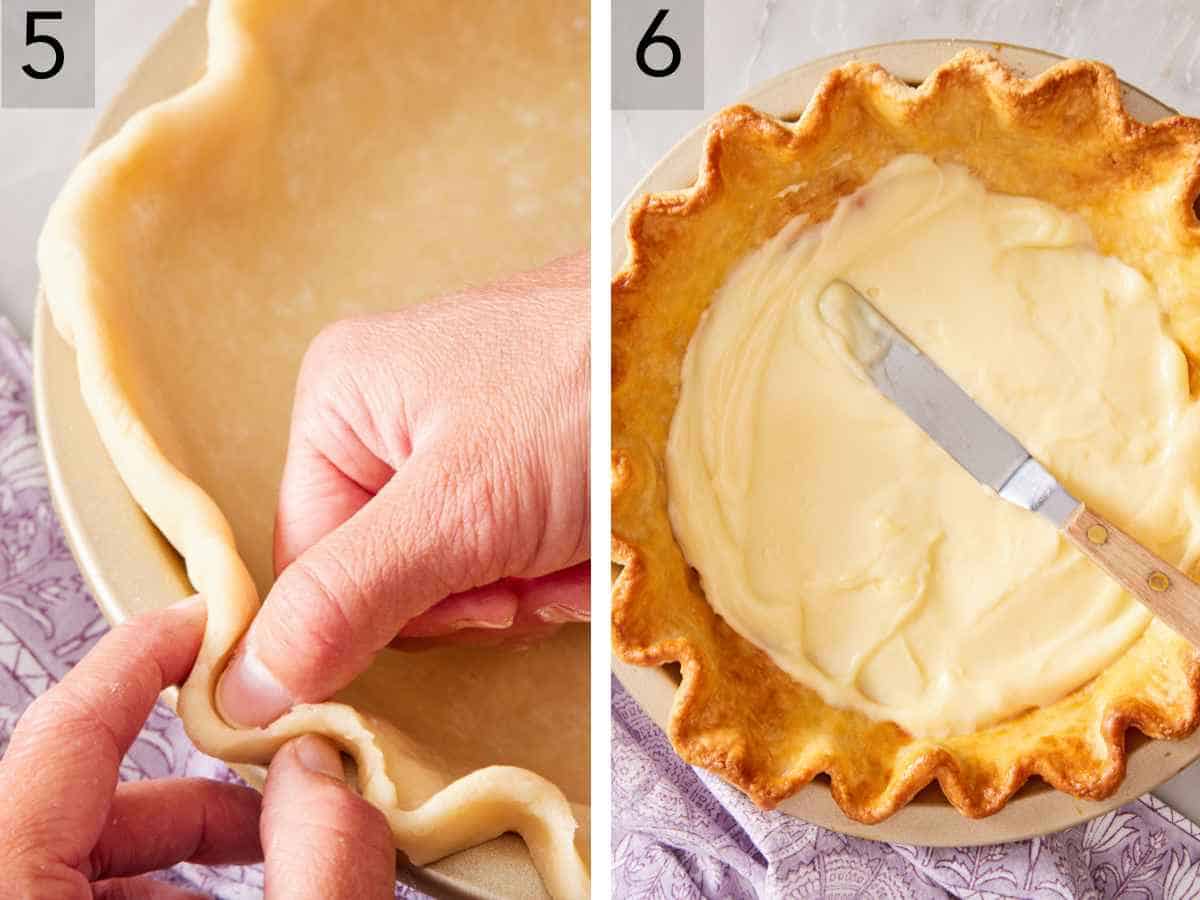 Set of two images showing pie crust crimped, and homemade pudding added to the baked pie crust.