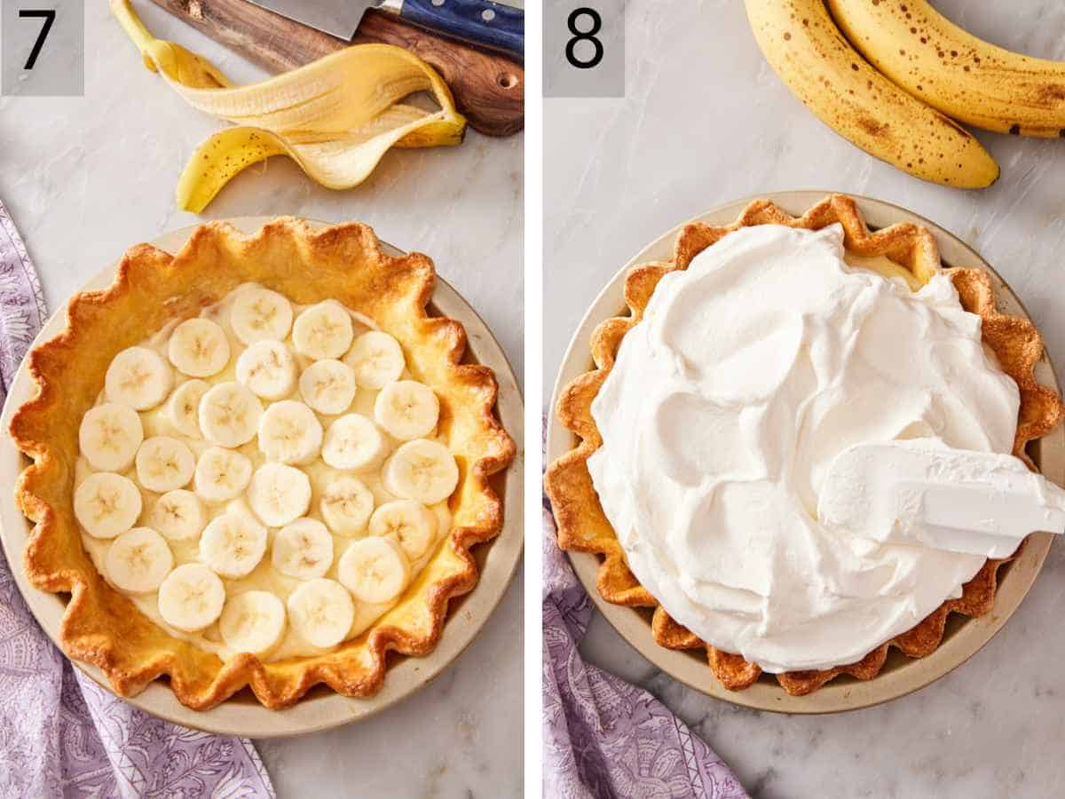 Set of two images showing a layer of fresh sliced bananas added on top of the pudding, and whipped cream topping spread on top.