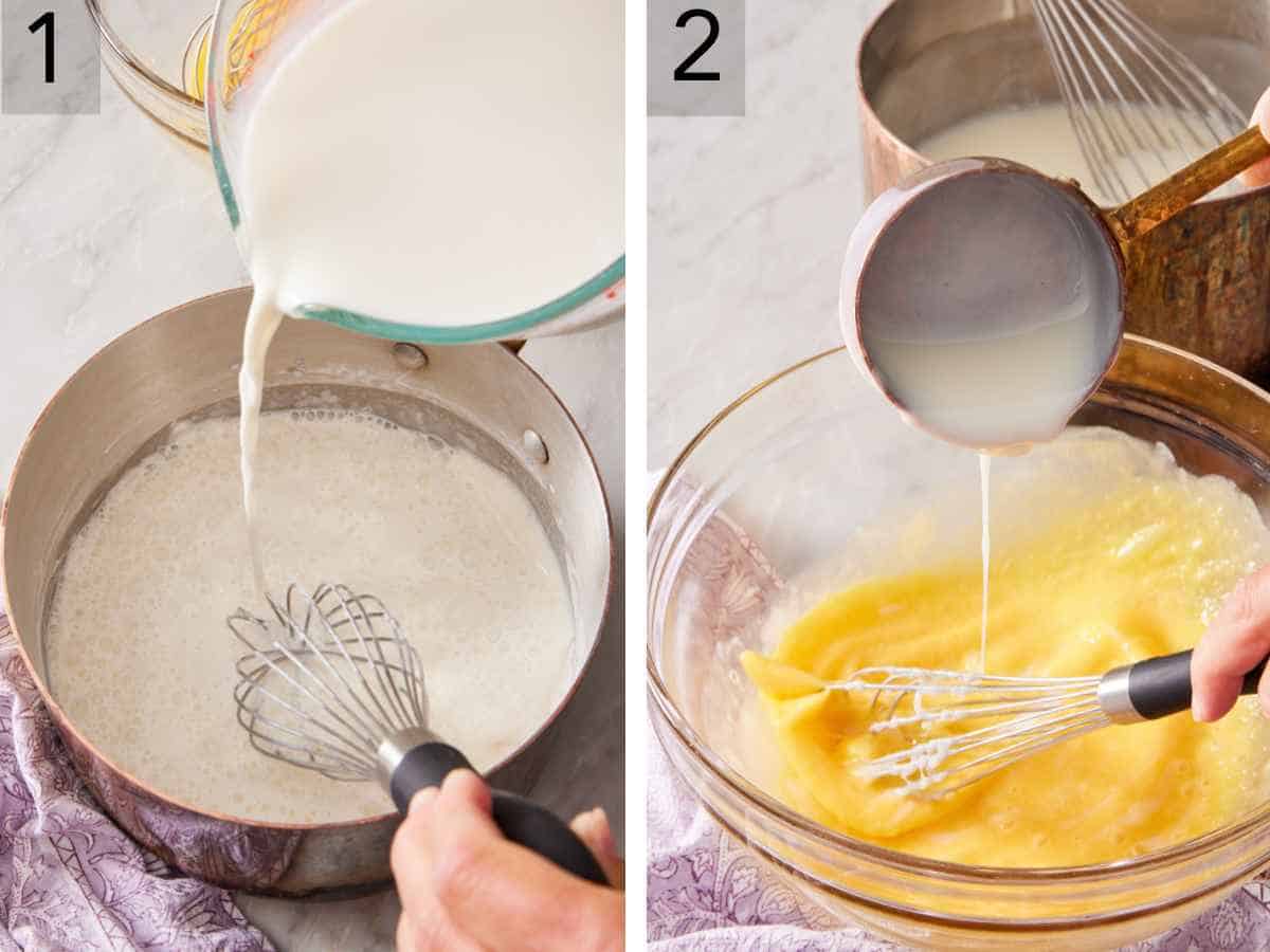 Set of two images showing ingredients added to a pot, and eggs tempered in a bowl.