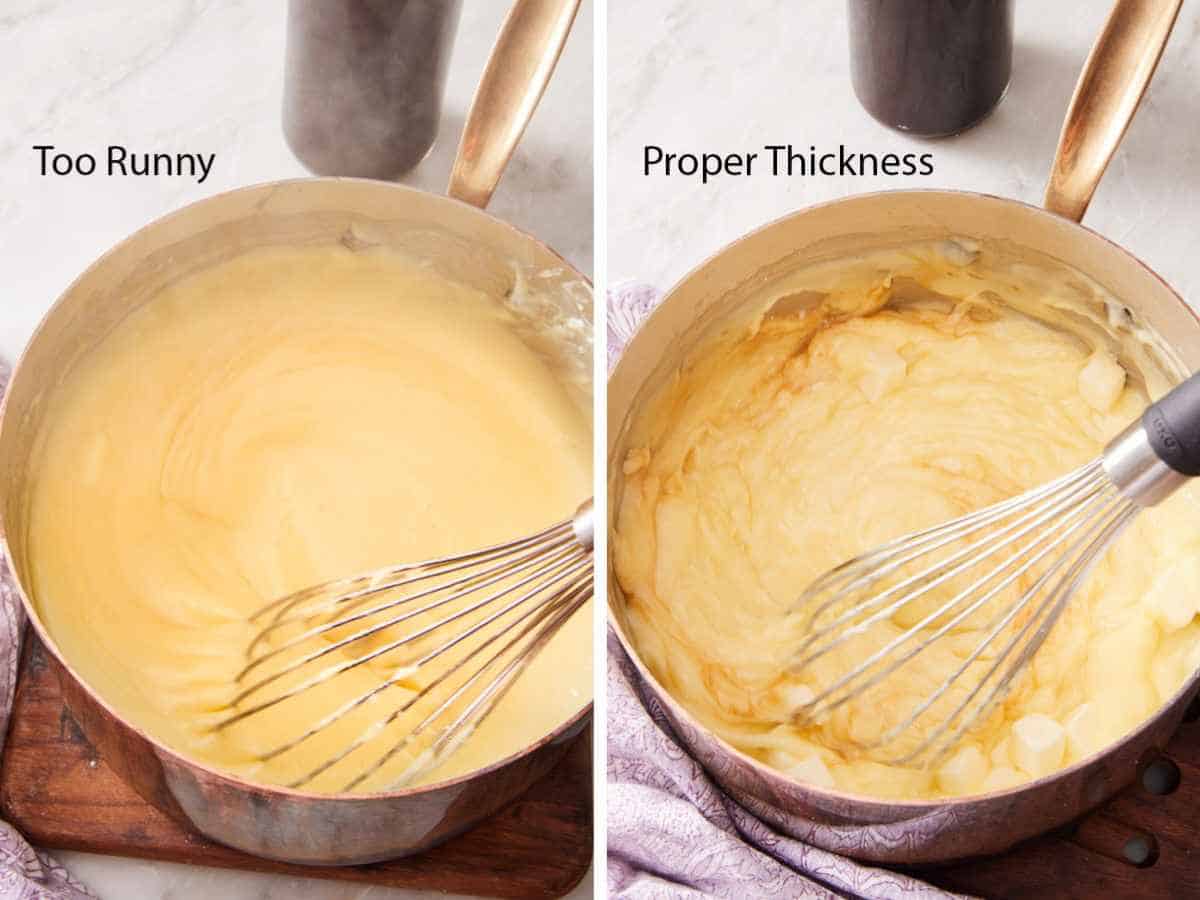 Set of two images showing a comparison image of homemade pudding, one that is too runny and one that's the proper thickness.