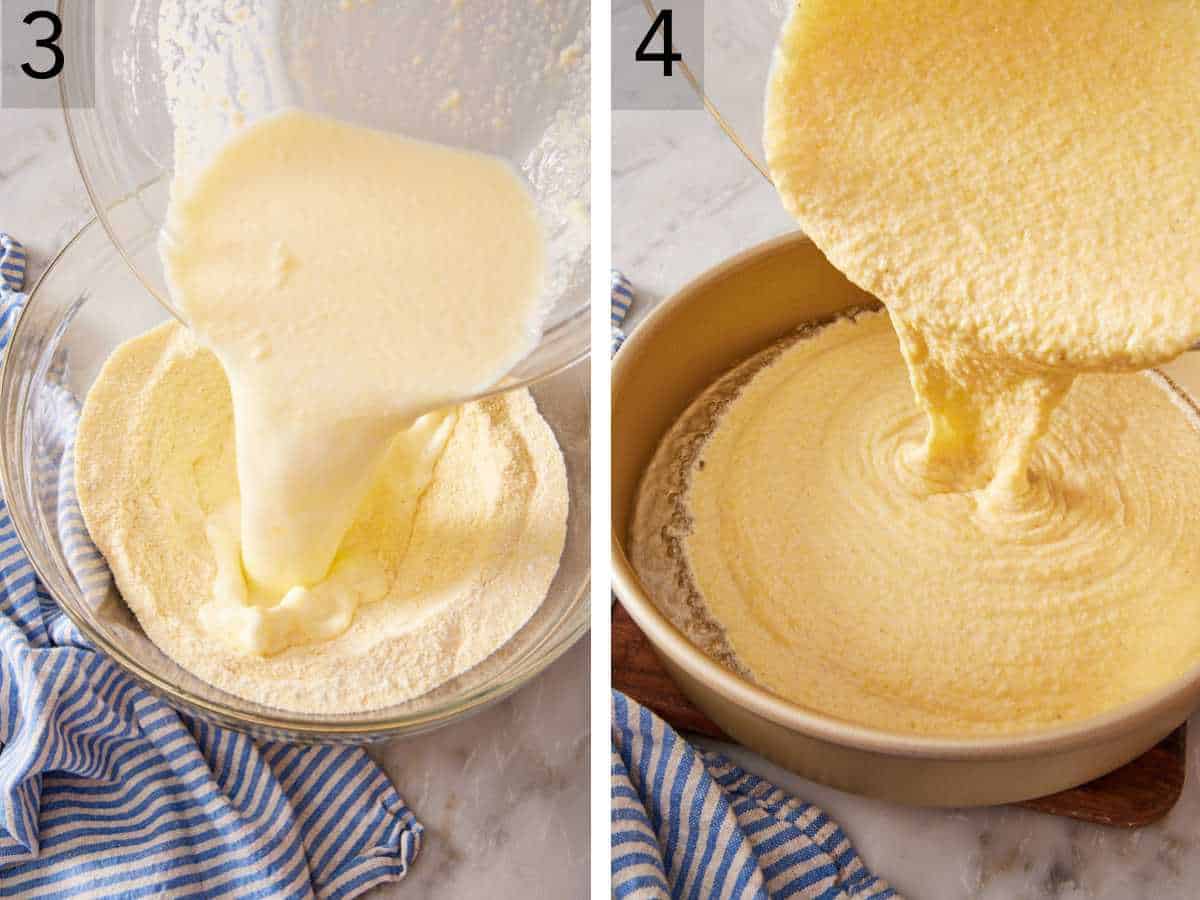 Set of two images showing wet ingredients added to dry ingredients and combined, then the cornbread batter poured into the prepared pan.