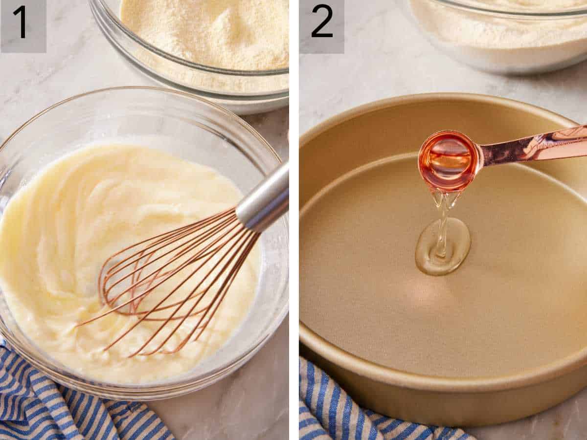 Set of two images showing wet ingredients whisked together in a bowl and a round cake pan greased with oil.