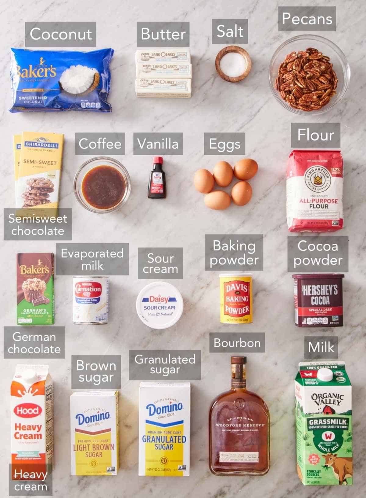 Ingredients for German chocolate cupcakes.