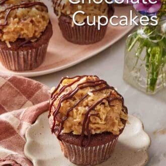 Pinterest graphic showing a German chocolate cupcake on a small plate with the rest of the batch in the background.