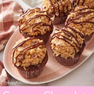 Pinterest graphic showing a platter of German chocolate cupcakes.