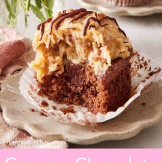 Pinterest graphic showing a German chocolate cupcake with a bite out.