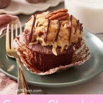Pinterest graphic showing a German chocolate cupcake on a plate with a glass of milk.