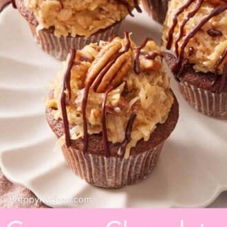 Pinterest graphic showing a few German chocolate cupcakes on a serving plate.