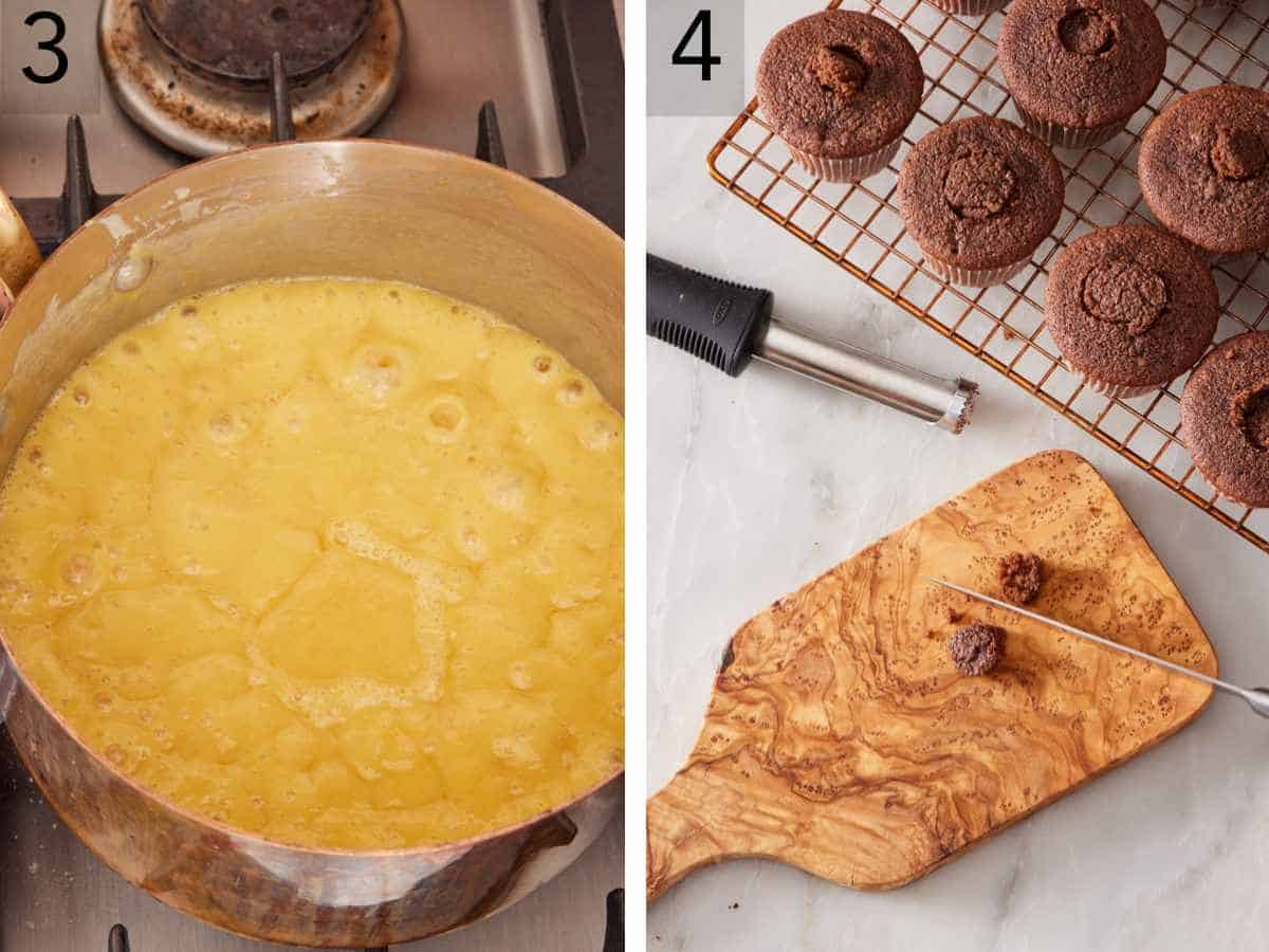 Set of two images showing frosting made in a medium saucepan, and centers removed from the baked and cooled cupcakes.