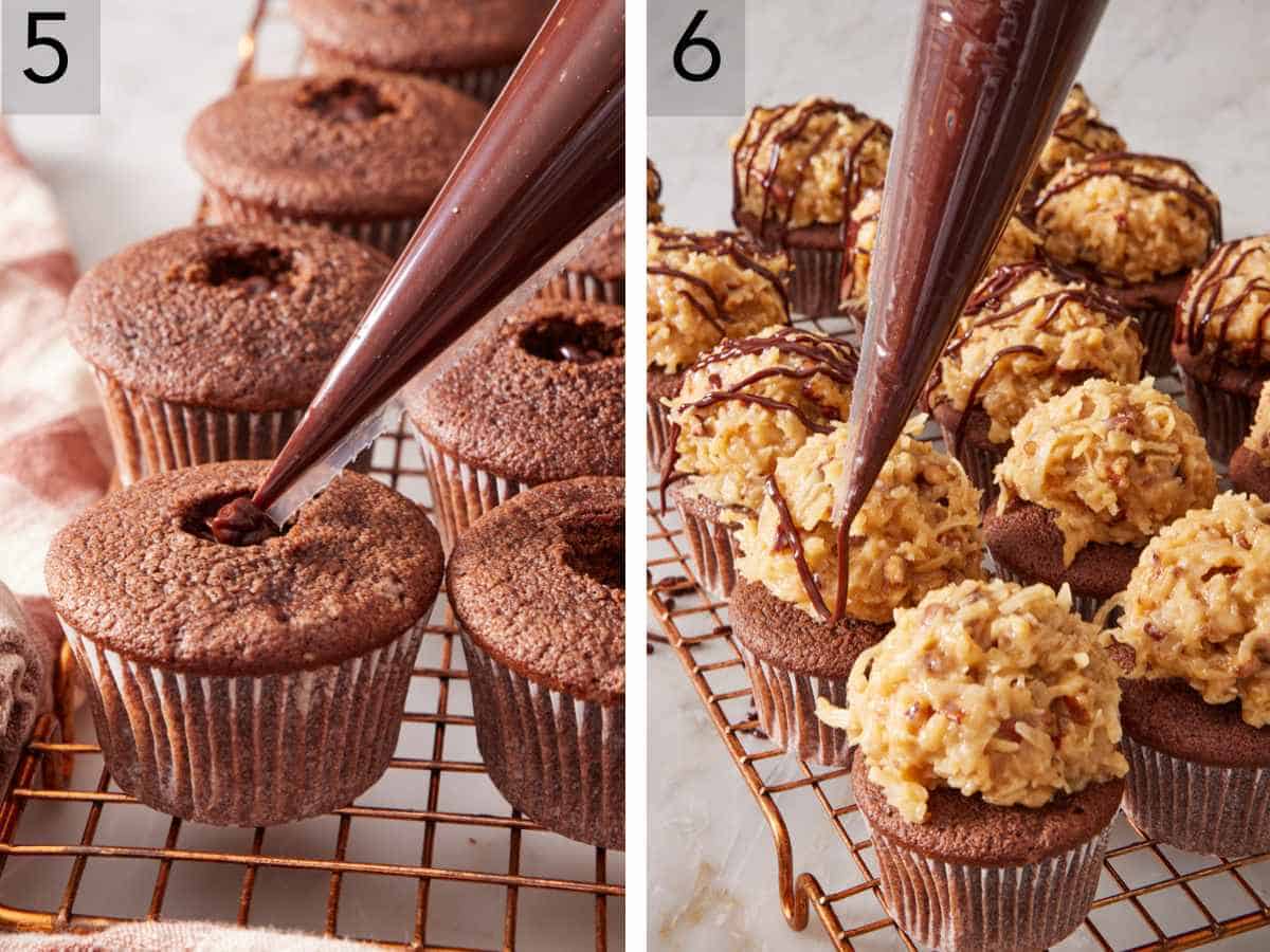 Set of two images showing cupcakes filled with ganache, then frosted and drizzled with chocolate.