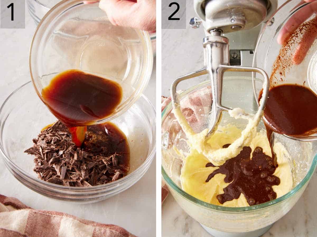 Set of two images showing coffee poured over chocolate, and added to a creamed butter and sugar mixture.