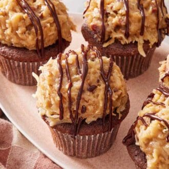 German chocolate cupcakes on a platter.