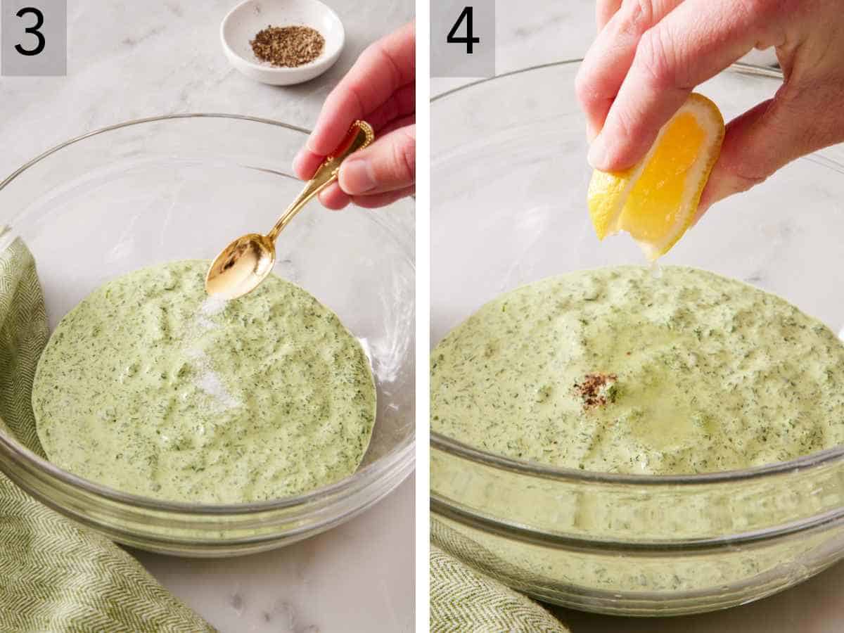 Set of two images showing extra salt and lemon juice added to the creamy dressing.